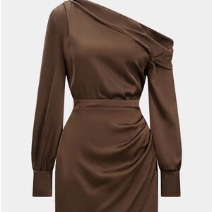 Micas One-Shoulder Brown Satin Midi Dress